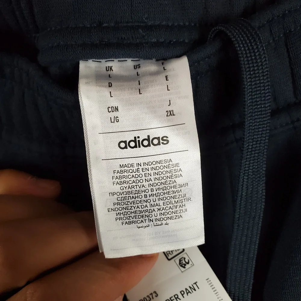 Adidas Mens Taper Pants Large Navy 100% Polyester Drawstring Pockets Sweatpants